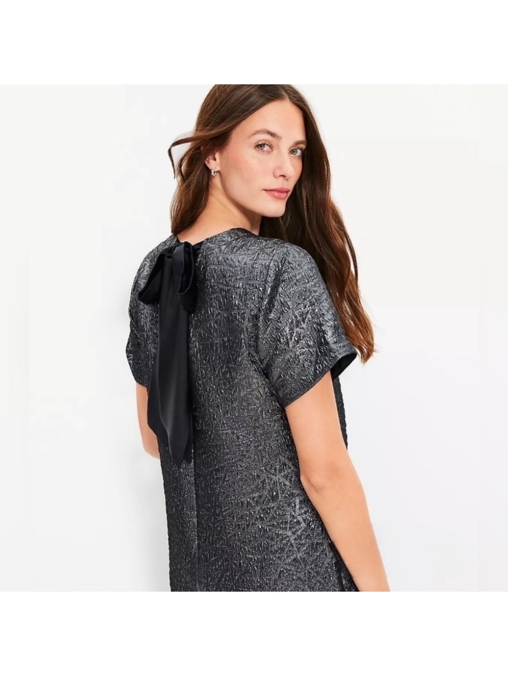 Loft‎ Metallic Brocade Bow Back Mini Dress Black Gray Metallic size 18